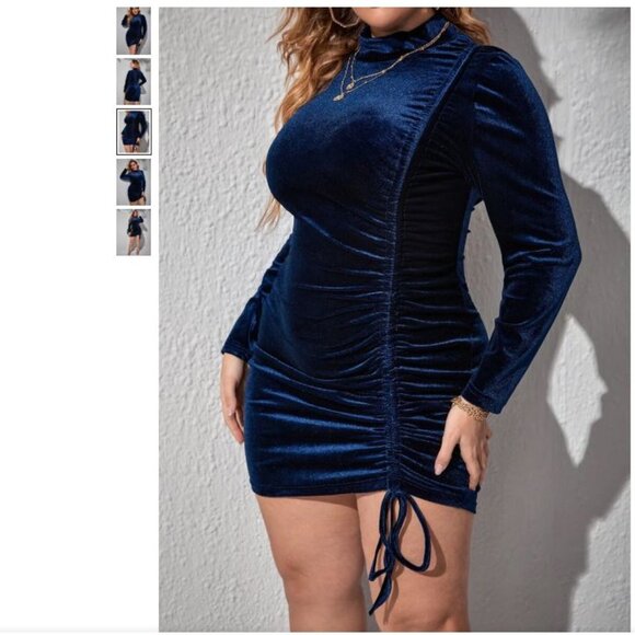 Plus Size Mock Neck Drawstring Front Velvet Bodycon Dress - Size 4X - Picture 4 of 11
